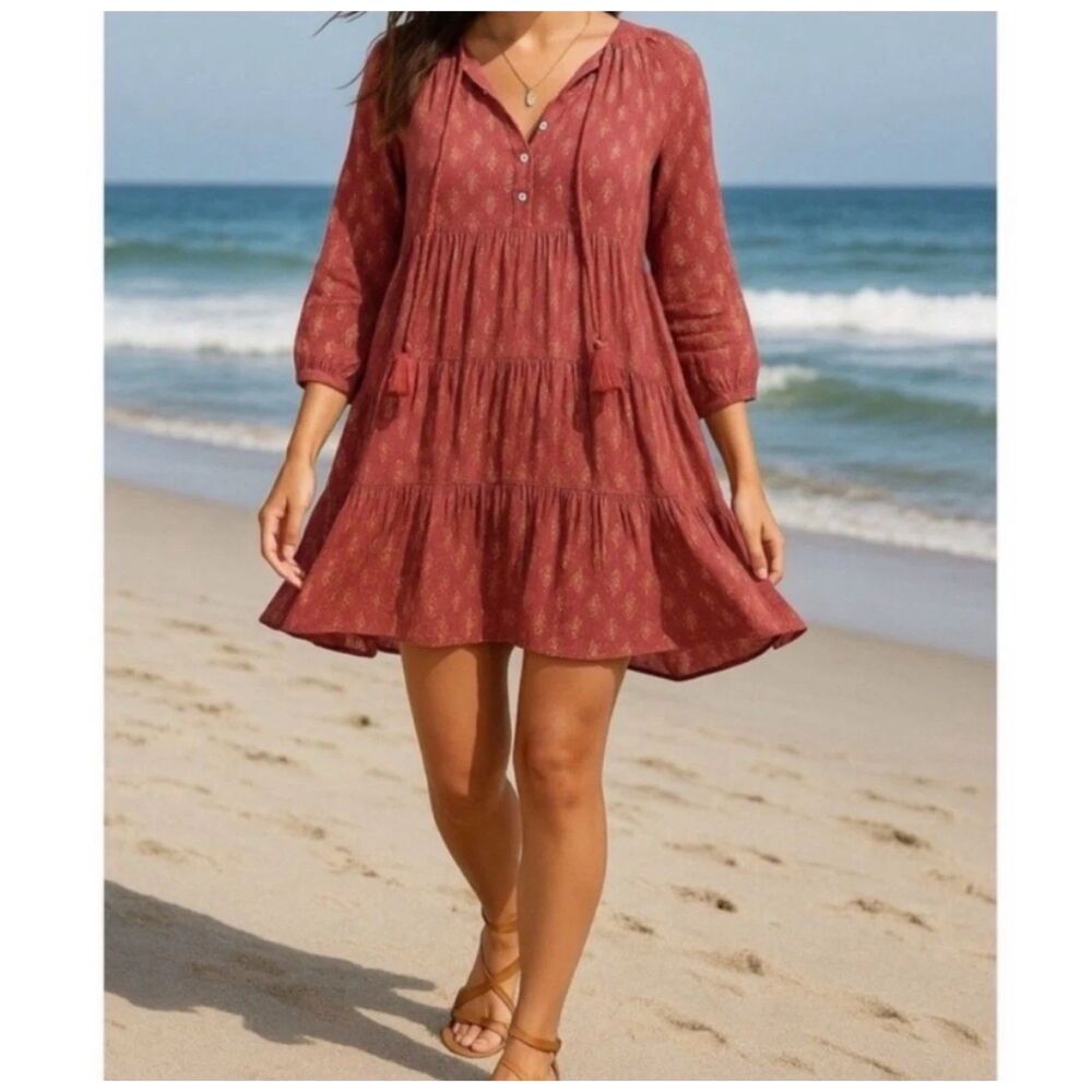SCANDAL M Italy Ordell Pink Gold Metallic Print Dress Tassel Mini Cotton Summer